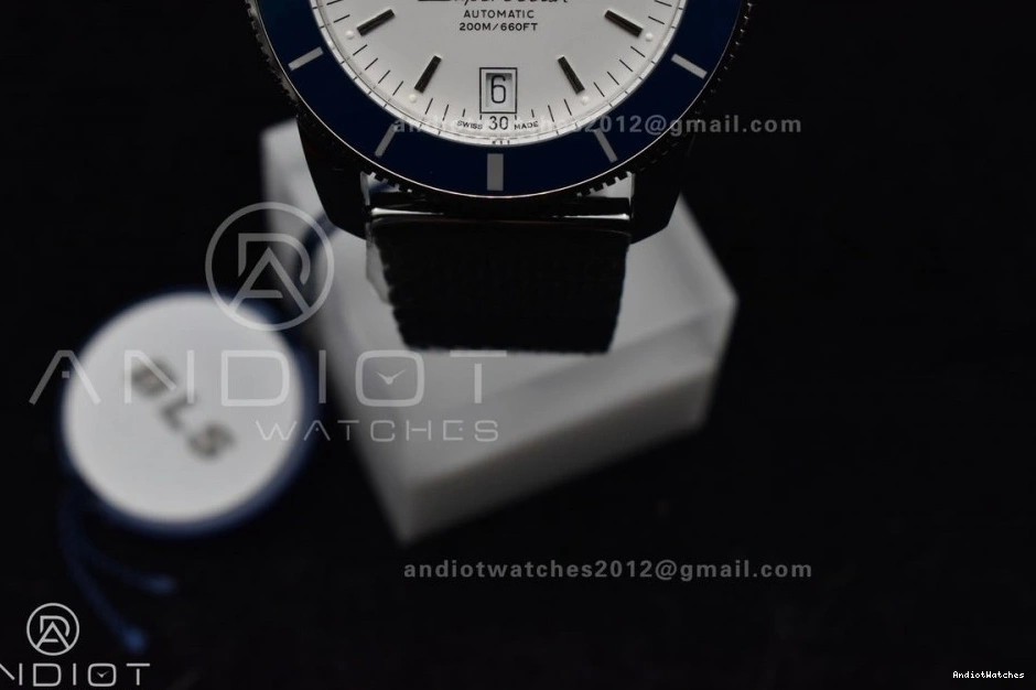 Dial Ceramic A on SS White II BLSF 42mm Blue SS Bezel Bracelet 1186 Mesh Heritage Soft SuperOcean 0309